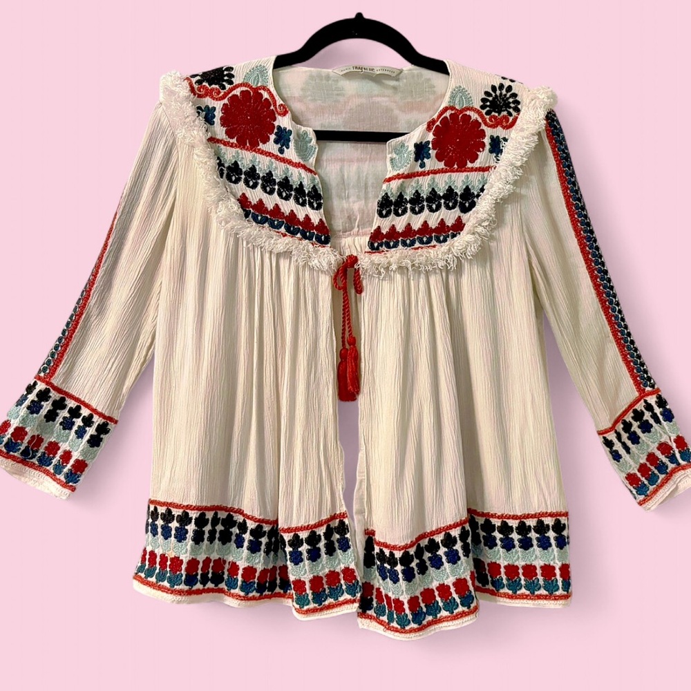 Zara Trafaluc Embroidered Boho Peasant Jacket Top Red Blue Fringe Tassels M